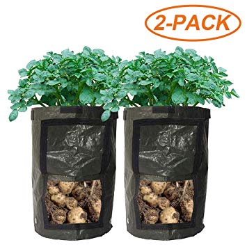 YOSICO 2-Pack Black 10 Gallon Garden Grow Bags Durable Plant Growing Bags Outdoor/Indoor Vegetables Bags with Handle Access Flap Waterproof Container Bags (2-Pack/Black)