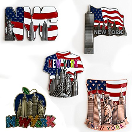 5 Set New York Souvenir - Metal Fridge Magnet - Freedom Tower, Statue of Liberty, Empire State Building, Brooklyn Bridge And Landmark Skylines - NY Collections
