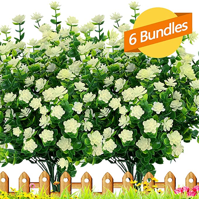 ArtBloom 6 Bundles Outdoor Artificial Flowers UV Resistant Fake Boxwood Plants, Faux Plastic Greenery for Indoor Outside Hanging Plants Garden Porch Window Box Home Wedding Farmhouse Decor (Off White)