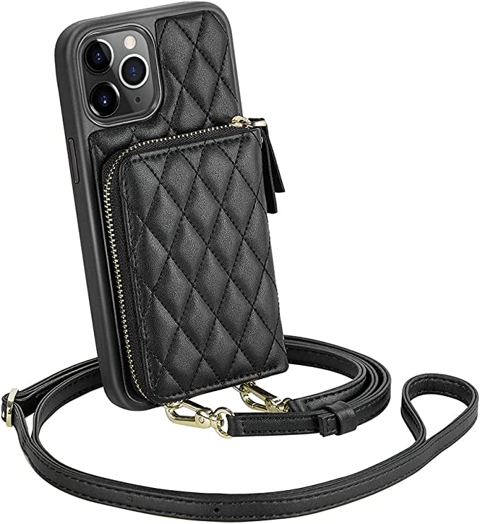 LAMEEKU iPhone 11 Pro Wallet Case, Zipper Wallet Case Card Holder Quilted Leather Crossbody Wallet Case for Lady with Wrist Strap Shockproof Case Compatible with iPhone 11 Pro, 5.8"-Black