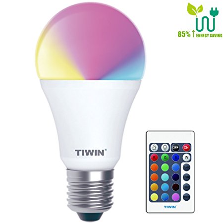 TIWIN Dimmable A19 E26 LED Bulbs, 16 Color Choice, Memory Function 6W RGB Multi Color Changing Dimmable LED Light Bulbs with Remote Control