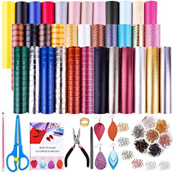 35 Pcs Faux Leather Sheets for Earring Making, Shynek Faux Leather Earring Making Supplies Kit Include 35 Faux Leather Fabric Sheets, Earring Hooks, Jump Rings and Tools for Earring Making, DIY Craft