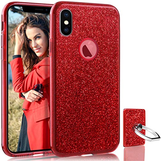 HoneyAKE Case for iPhone Xs/iPhone X, Ultra Thin Cover Cute Girly Women Glitter Bling Sparkle Shell Luxury Fashion Style Three Layer Slim Fit Protective Phone Case for iPhone Xs/iPhone X(Red)