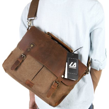 Langforth 14 inch Laptop Satchel Messenger Bag Vintage Genuine Leather Canvas Briefcase 13"(L)x10.5"(H) x 4.1"(W) Coffee