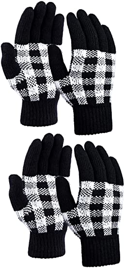 Cooraby 2 Pairs Winter Thick Gloves Buffalo Plaid Knitted Gloves Cashmere Warm Gloves for Men and Women