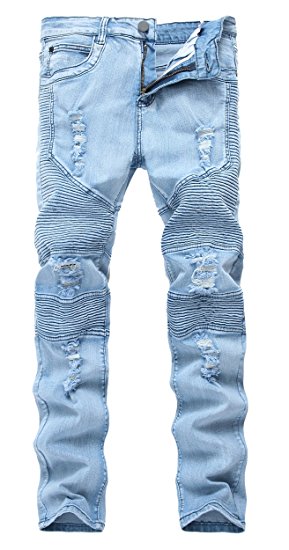 Qazel Vorrlon Men's Blue Skinny Ripped Destroyed Distressed Straight Slim Tapered Leg Jeans