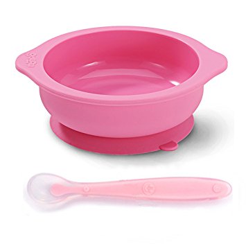 Baby/Toddler Feeding Silicone bowl with Stay-Put Suction Base and Spoon Set (Pink)