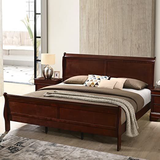 Roundhill Furniture Isola Louis Philippe Style Wood Sleigh Bed, King, Cherry Finish