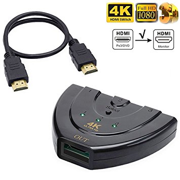 HDMI Switch, Okela 3 Port 4K x 2K Switch Splitter with High Speed Pigtail Cable Supports Full HD 4K, 3D, 1080P, HD Audio-3 in & 1 out (Black)