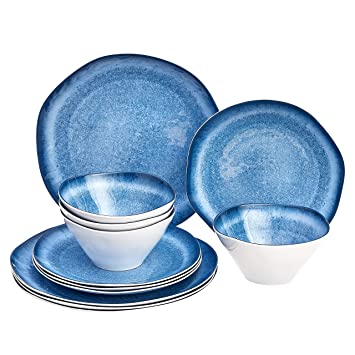 AmazonBasics 12-Piece Melamine Dinnerware Set - Service for 4, Blue Glaze with Rustic Edge