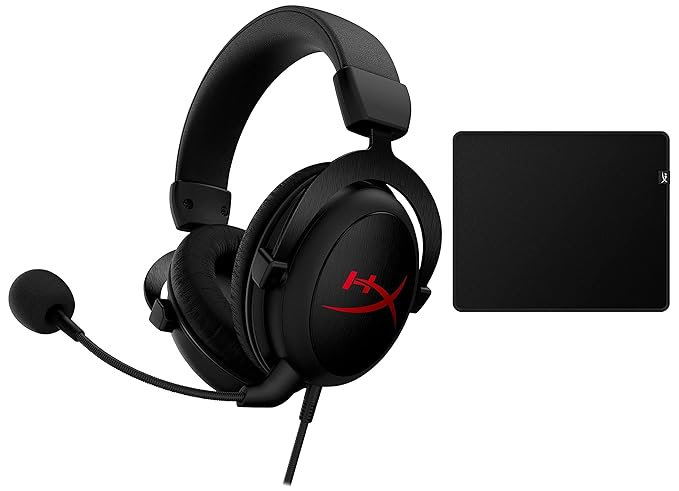 HyperX Cloud Core Wired Gaming Over Ear Headphone with DTS :X Spatial Audio & Pulsefire Mat Gaming Mouse Pad - Medium - Precise Cloth Surface - Anti-fray Flush Stitching