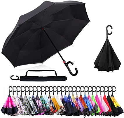 OUTDOOR WIND Double Layer Inverted Umbrella with C-Shaped Handle and Carrying Bag，Anti-UV Waterproof Windproof Straight Umbrella for Car Rain Outdoor Use(Black)