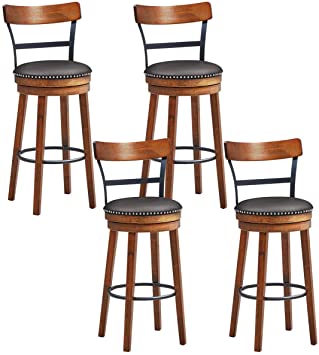 COSTWAY Bar Stools Set of 4, 360-Degree Swivel Stools with Leather Padded Seat, Single Slat Ladder Back & Solid Rubber Wood Legs, Counter Height Stools for Pub, Restaurant, Kitchen, Brown (4, 30.5)