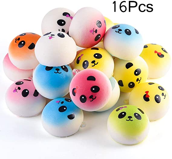 MyMagic 16 Pcs 1.57" Slow Rising Kawaii Multicolored Panda Bread Bun Squishies Mini Stress Balls With Hang Rope ,Phone Key Chain Straps Gift Party Favors (Random Color)