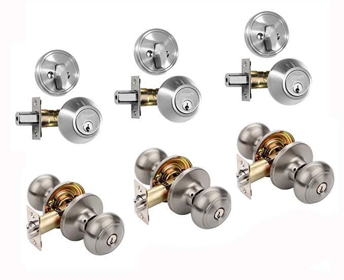 Dynasty Hardware CP-SIE-US15, Sierra Entry Door Knob Lockset and Single Cylinder Deadbolt Combination Set, Satin Nickel (3 Pack) Keyed Alike