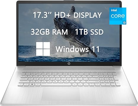 HP 17 HD  Laptop, 2023 Newest Upgrade, Intel Core i3-1125G4 (Quad-core), 32GB RAM, 1TB SSD, Webcam, Wi-Fi, HDMI, USB-C, Fast Charge,Bluetooth, Windows 11, School and Business Ready, ROKC HDMI Cable