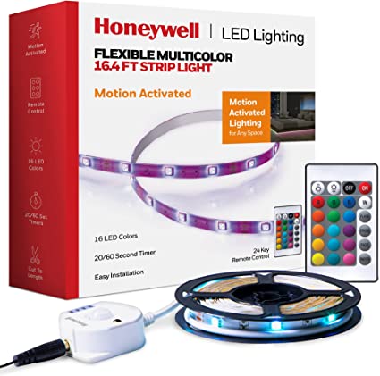 Honeywell 16.4ft Indoor LED Strip Light - Color Changing RGB, Motion Activated with Remote Control - for Bedroom, Kitchen, Dorm, Game Room, Cabinets, Etc - Wall Plug 12 Volt No Battery