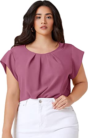 Milumia Women's Plus Size Pleated Top Crew Neck Cap Sleeve Office Work Blouse Shirt