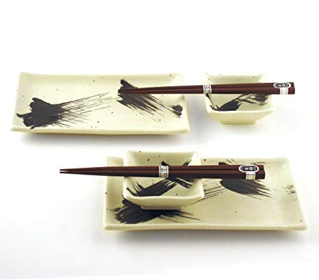 Japanese Sushi Tray Set for Two with Chopsticks, Brush Black on White