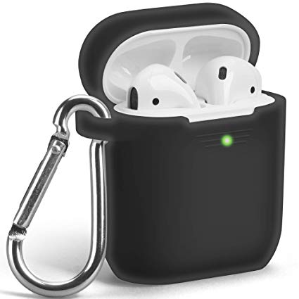 AirPods Case [Front LED Visible], GMYLE Silicone Protective Shockproof Wireless Charging Airpods Earbuds Case Cover Skin with Keychain Set Compatible for Apple AirPod 1 & 2 - (Transparent Black)