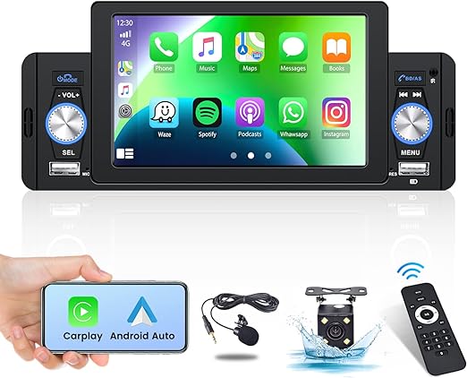 Hikity Apple Carplay Autoradio 1 Din mit 5 Zoll Bildschirm Auto Radio Touch Display mit Bluetooth Freisprecheinrichtung Android Auto Mirror Link FM Radio USB SWC Externes Mikrofon   Rückfahrkamera