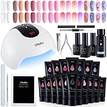 Poly Nail Gel Kit with 36W UV/LED Lamp, Ohuhu 18 Colors Nail Gel Kit Enhancement Builder with 4 Temperature Color Changing Extension, 10 Regular Color Nail Extension, 4 Glitter Color Poly Gel for DIY