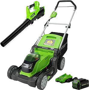 Greenworks 40V 17 inch Cordless Lawn Mower   Axial Leaf Blower with 4Ah Battery and Charger Combo Kit