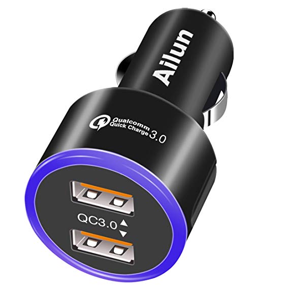 Ailun Fast Car Charger,Dual Qualcomm Quick Charge 3.0 Ports Adapter,Charging Compatible iPhoneX/Xs/XR/Xs Max/8/7,8/7Plus,Galaxy S10/S10 ,S9/S9 ,S8/S8 Plus,S6 Note 5 8 9 iPhones[Black]