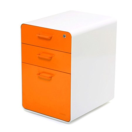 Poppin White   Orange Stow 3-Drawer File Cabinet