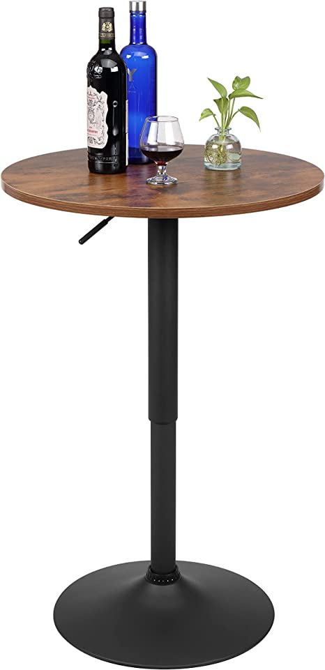 Finnhomy 24inches Round Cocktail Bar Table with Metal Base, Tall Bistro Pub Table, Adjustable 27.9''-36.2'' Counter Bar Height for Kitchen, Dining Room, Living Room, Easy Assembly, Rustic Brown