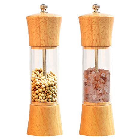 Salt and Pepper Grinder Set,Lelekey 6.5" Wood Pepper Mill and Salt Grinder with Ceramic Rotor Adjustable Coarseness,Acrylic Visible Window Salt and Pepper Shakers,Pack of 2 (Clear)
