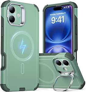 ESR for iPhone 16 Case with Stand, 23FT Military-Grade Drop Protection, Heavy Duty Magnetic Phone Case, Compatible with MagSafe Accessories, Cyber Series, Light Green