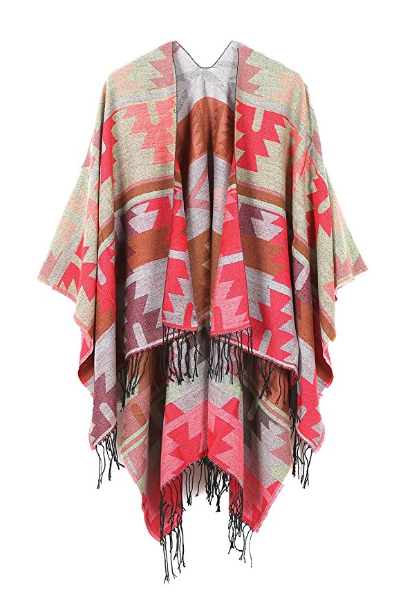 Juruaa Women's Fringed Cashmere Fleece Poncho Shawl Wrap Coat