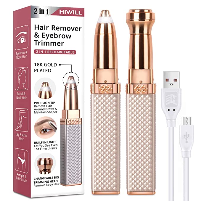 Eyebrow Trimmer, Rechargeable Facial Hair Remover for Women, 2 in 1 Eyebrow Razor and Painless Eyebrow Hair Remover with Built-in LED Light for Face Lips Nose Facial Hair Removal for women Men