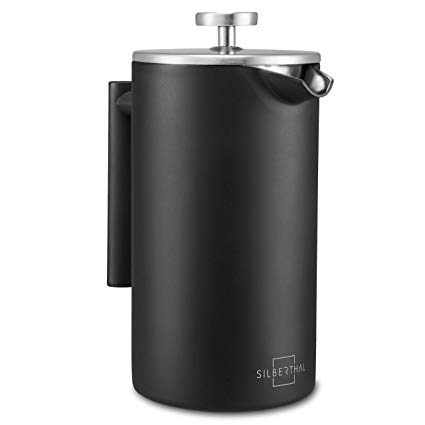 SILBERTHAL Insulated French Press Coffee Cafetiere 1L - 100% Stainless Steel - Double Wall Vacuum Insulation - Black