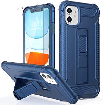 ORETECH Designed for iPhone 11 Case with [2 Tempered Glass Screen Protector][Built in Kickstand] Shockproof Hard PC Back Soft Rubber Edge Protective Case for iPhone 11 Cover Blue, 6.1''