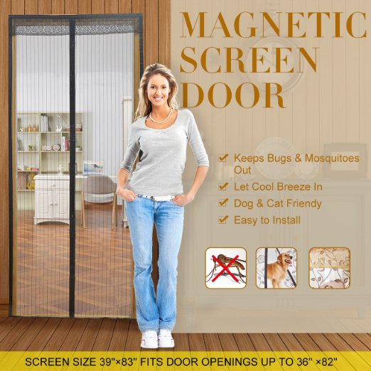 Magnetic Screen Door with Mesh Curtain keeps air in and keeps Bugs and Mosquitoes OutToddler And Pet Friendly Fits Door Openings up to 37x82
