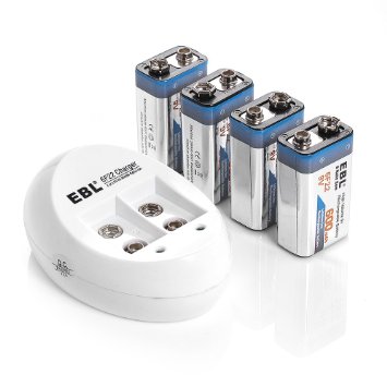 EBL 840 9V Battery Charger with 4 Pack 600mAh Li-ion Rechargeable 9 Volt Batteries