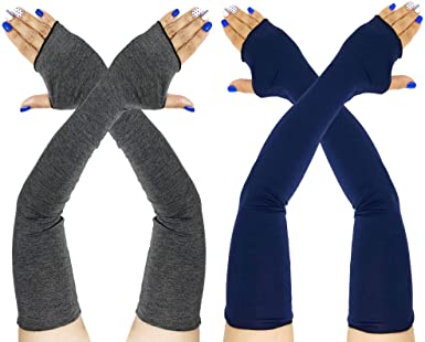 Rusoji 2 Pairs Women's Breathable Stretchy Soft Long Sleeve Arm Warmers Sun Block Fingerless Gloves