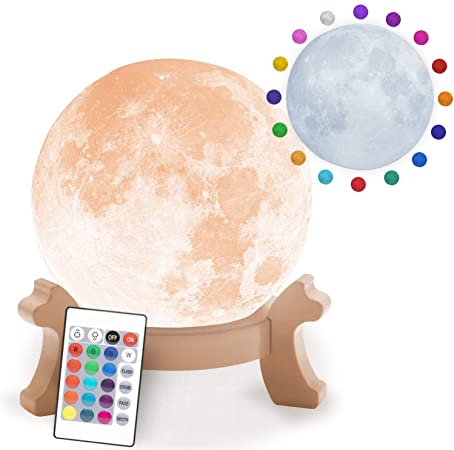 BulbHead 14633 Full Decorative & Realistic 3-D LED Moon Lamp-16 Color Options & 16 Brightness Levels Remote Control & Rechargeable Light, 6.5 Inch, White