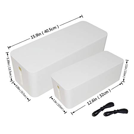 [Set of Two] White Cable Management Box Cord Organizer, Large Storage Holder for Desk, TV, Computer, USB Hub, System to Cover and Hide & Power Strips & Cords - 16'' x 6.2" x 5.4" and 13" x 5.3" x 5"