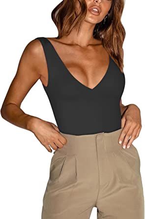REORIA Women’s Sexy Plunge Deep V Neck Sleeveless V Backless Going Out Tank Bodysuits Tops