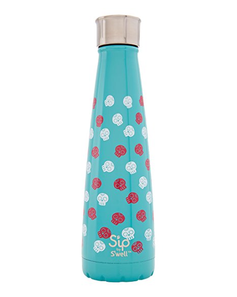 S'ip by S'well Insulated Sugar Skulls Double Walled Stainless Steel Water Bottle, 15 oz, Blue/Red