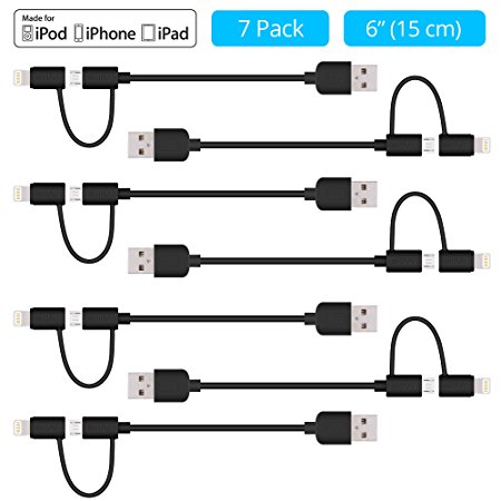 Apple MFi Certified Lightning Cables [7-Pack] - Skiva USBLink Duo Short 2-in-1 Sync and Charge Cable (6" / 0.5ft) with Lightning & microUSB for iPhone X 8 8Plus 7 6s plus, Samsung Galaxy [Model:CB140]