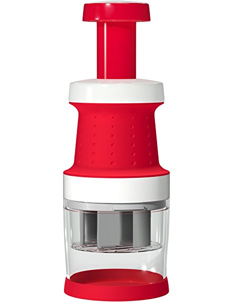 Vremi Food Chopper - One Piece Salad Vegetable Chopper and Slicer Dicer - Manual Mini Hand Chopper Onion Garlic Mincer with Cover for Vegetables - Stainless Steel Cutter Blade - Red