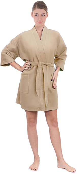 Women's Knee Length Waffle Weave Kimono Bathrobe, Short Spa Robes