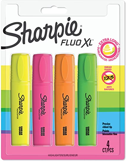 Sharpie Fluo XL Highlighter, Chisel Tip - Assorted Colours, Pack of 4