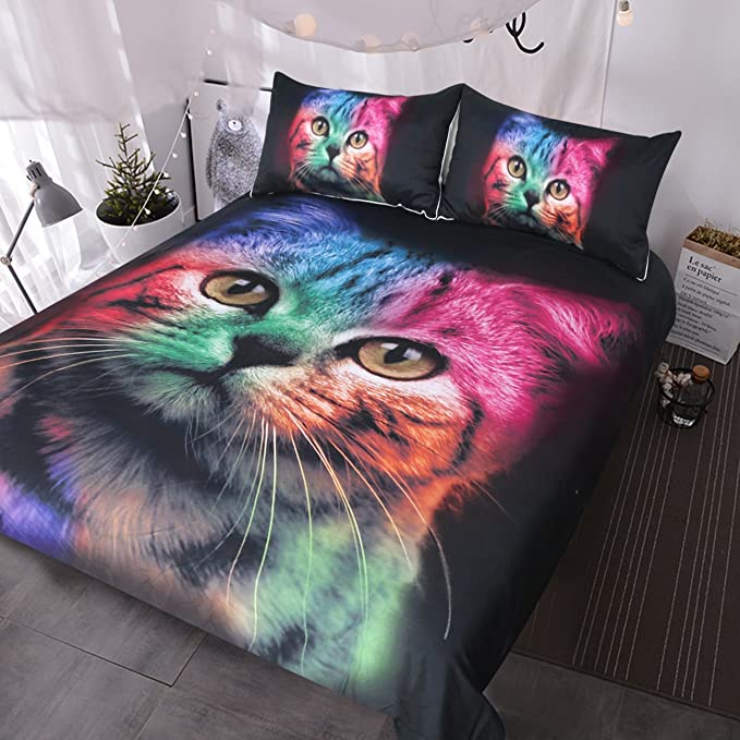 BlessLiving Cat Bedding for Girls Boys Cute Colorful Cat Pattern Bedspread 3 Piece Bold Color Black Animal Duvet Cover Set (Full)