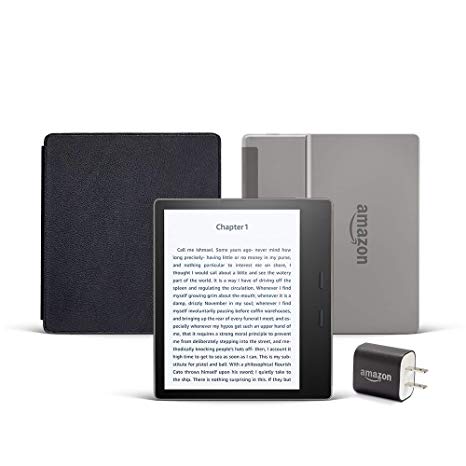 Kindle Oasis Essentials Bundle including Kindle Oasis 7" E-reader (8 GB, Wi-Fi, Graphite, Special Offers), Amazon Leather Cover (Black), and Power Adapter