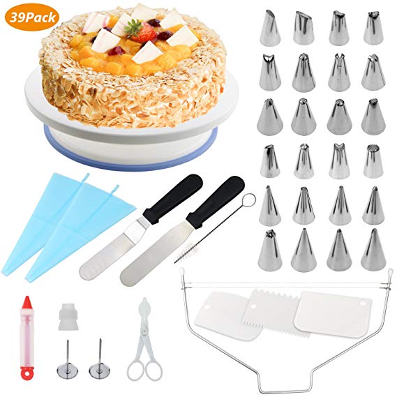 CRMICL Cake Turntable, Cake Decorating Supplies,Rotating Cake, Cake Decorating 24 Piping Nozzles Roating Cake Turntable,Cake Leveler with 2 PCS Icing SpatulaIcing,Smoother,Pastry Bag,Cake Syring,Cutter,Flower Lifter
